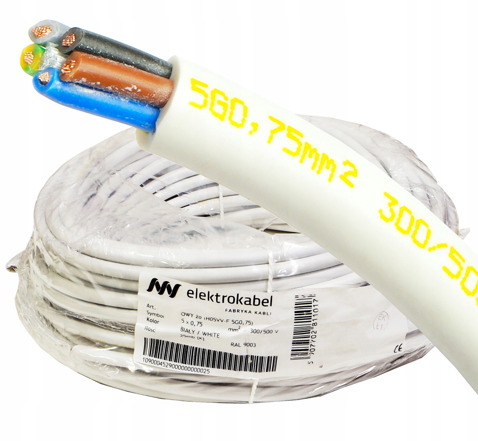 Kabel Owy 5x0,75 mm Cu lanko bílé Cu 25 m