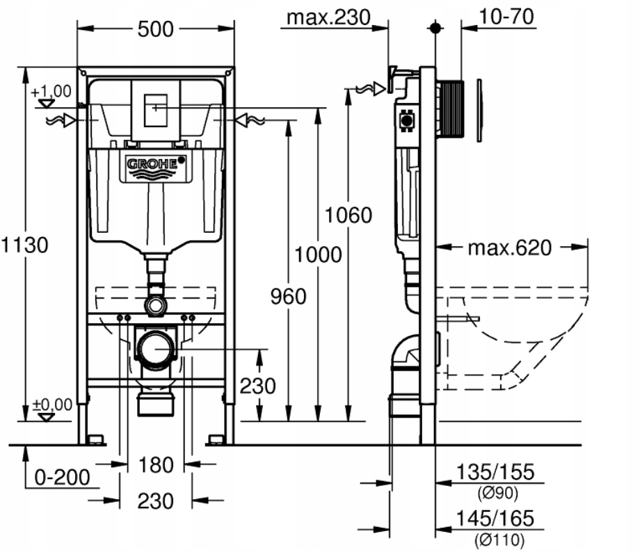 STELAŻ WC GROHE PODTYNKOWY MISKA DESNA PRZYCISK CHROM ZESTAW 7w1 Wysokość stelaża 113 cm