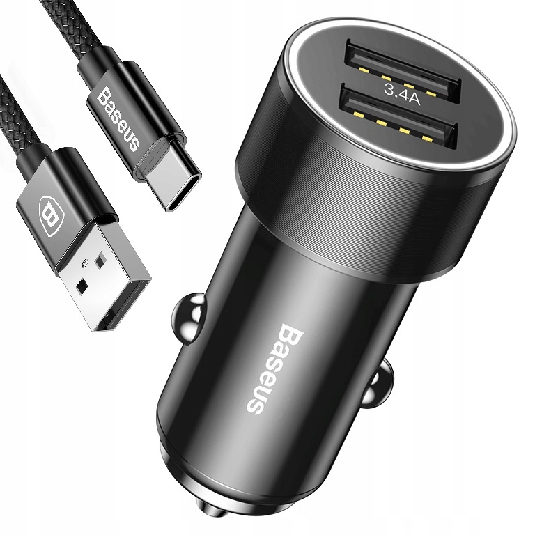 

Baseus Ładowarka Samochodowa 2xUSB Kabel Type C 1M