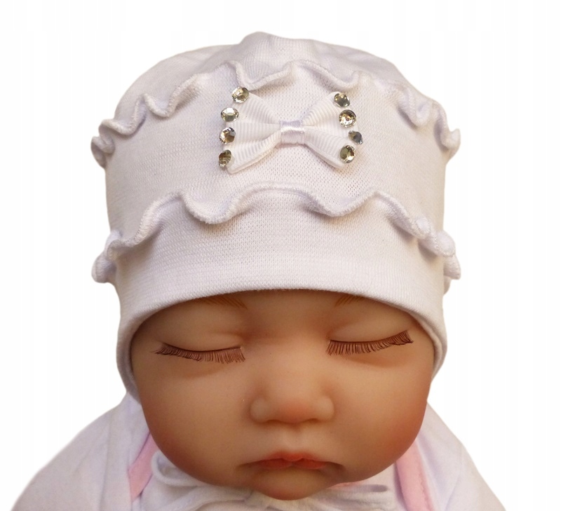 Biała czapka niemowlęca CHRZEST CHRZCINY 38-41