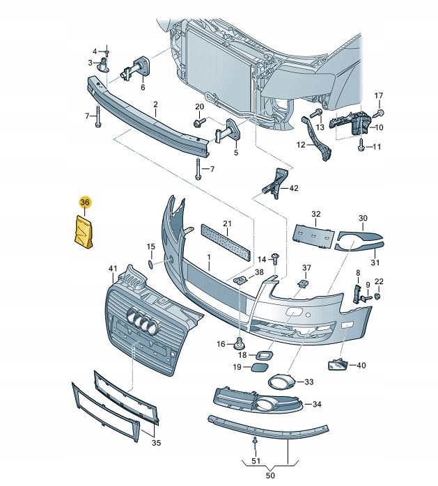 ZESTAW MONTAZOWY KLIPSY ZDERZAKA PRZOD AUDI A4 B7 Installation side Front