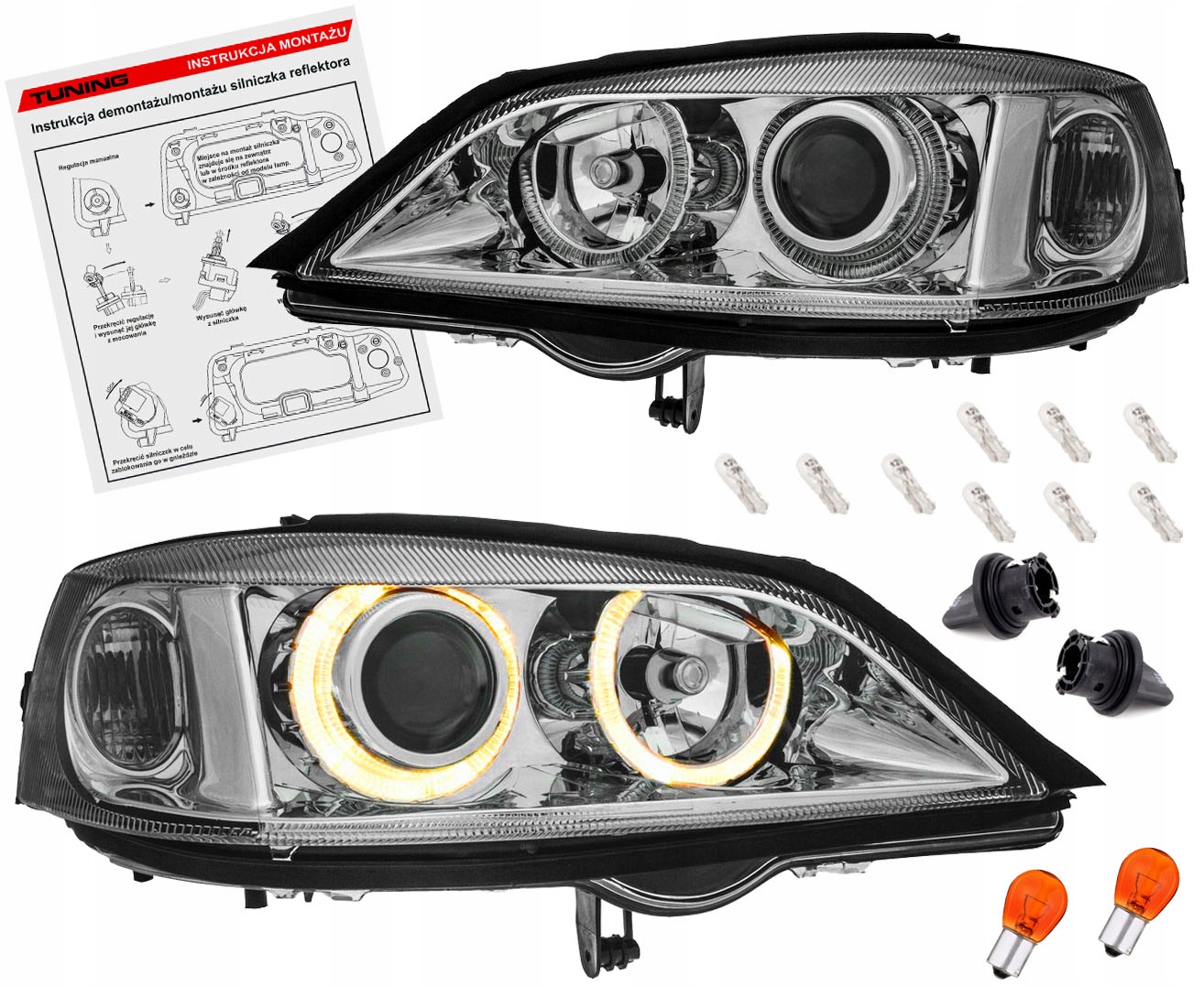 Opel Astra II G 97-09 Lampy světlomety Chrom kroužky