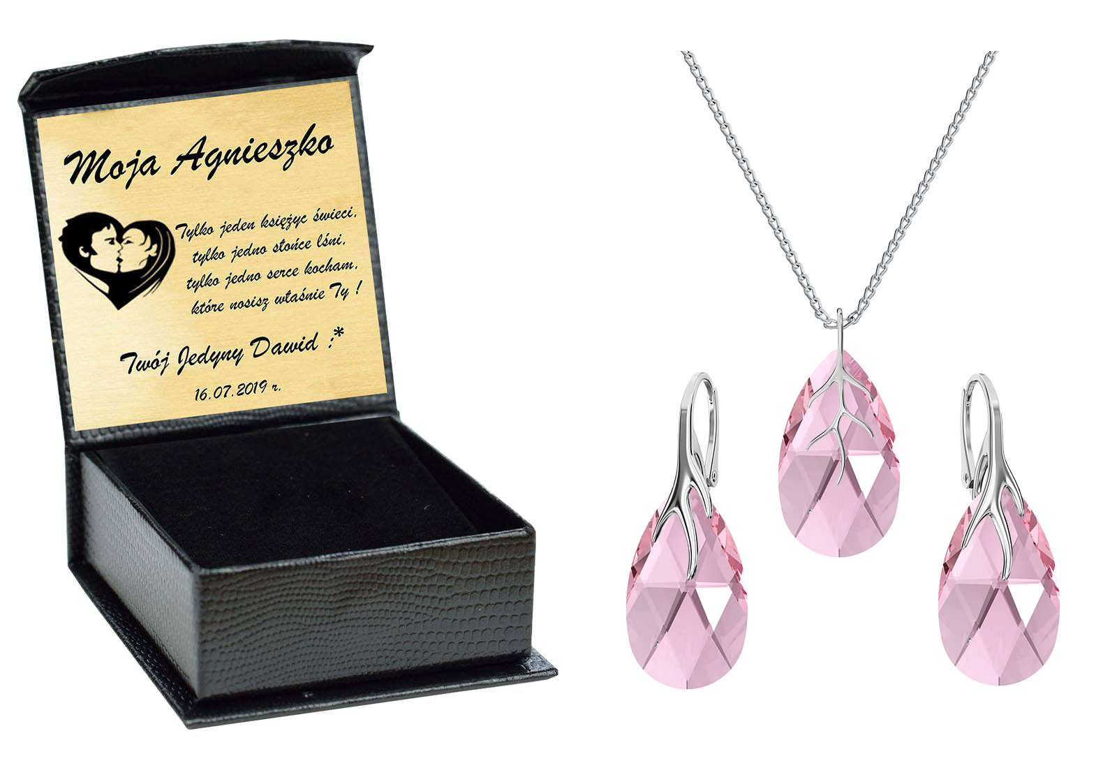 

Almond Drapieżny Srebrny Komplet Swarovski Grawer