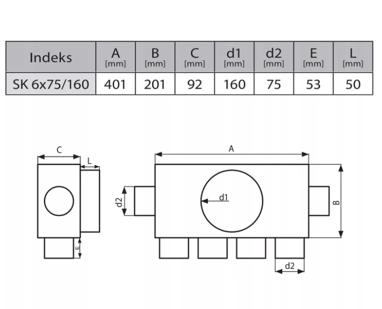 Skrzynka ROZDZIELACZ 6x75/160 REKUPERACJA ATEST Marka Wentpax