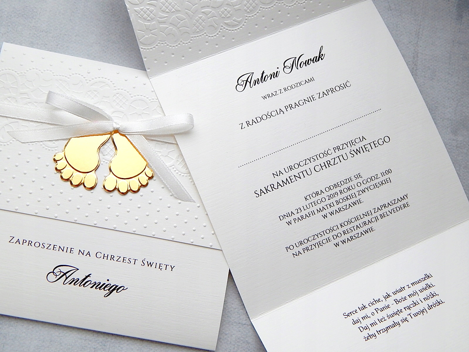 ZŁOTE STÓPKI zaproszenia na CHRZEST Chrzciny STOPY Wysokość produktu 14 cm