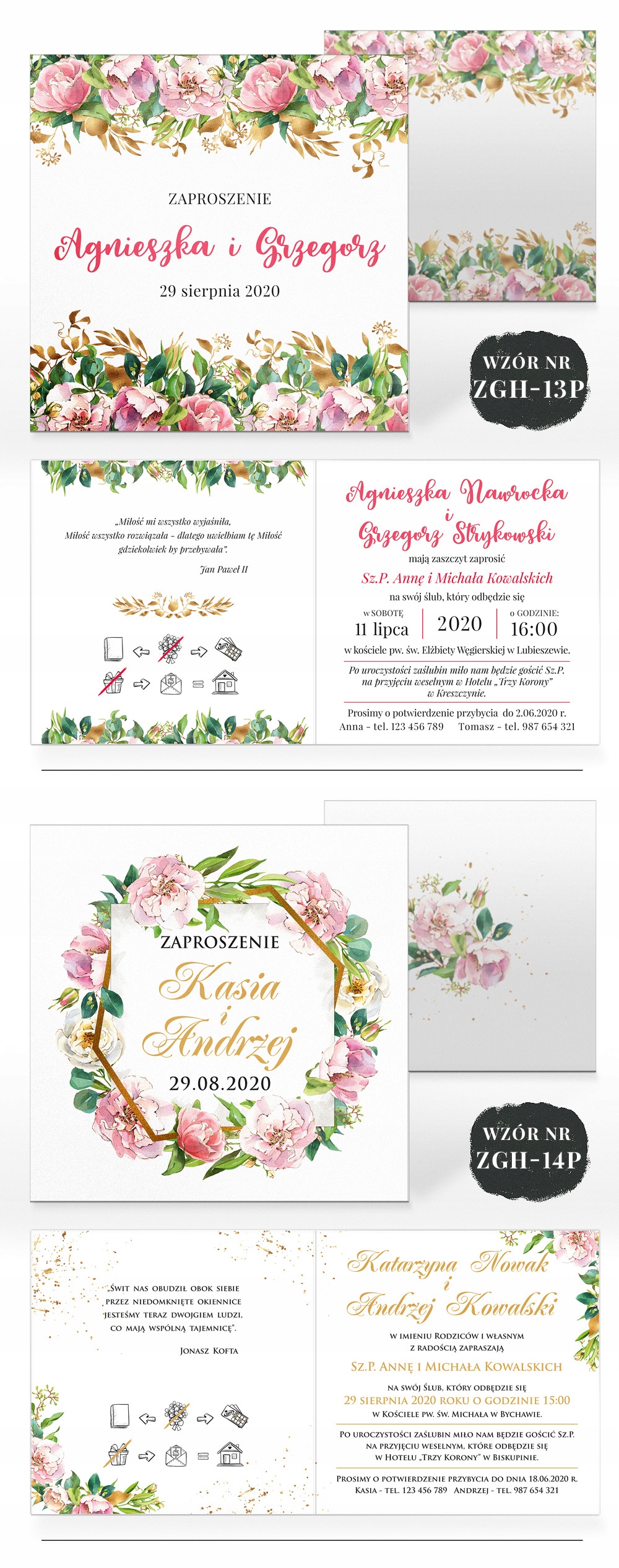 Zaproszenia ślubne KWIATY AKWARELE-PERŁOWY PAPIER Zdobienie brak