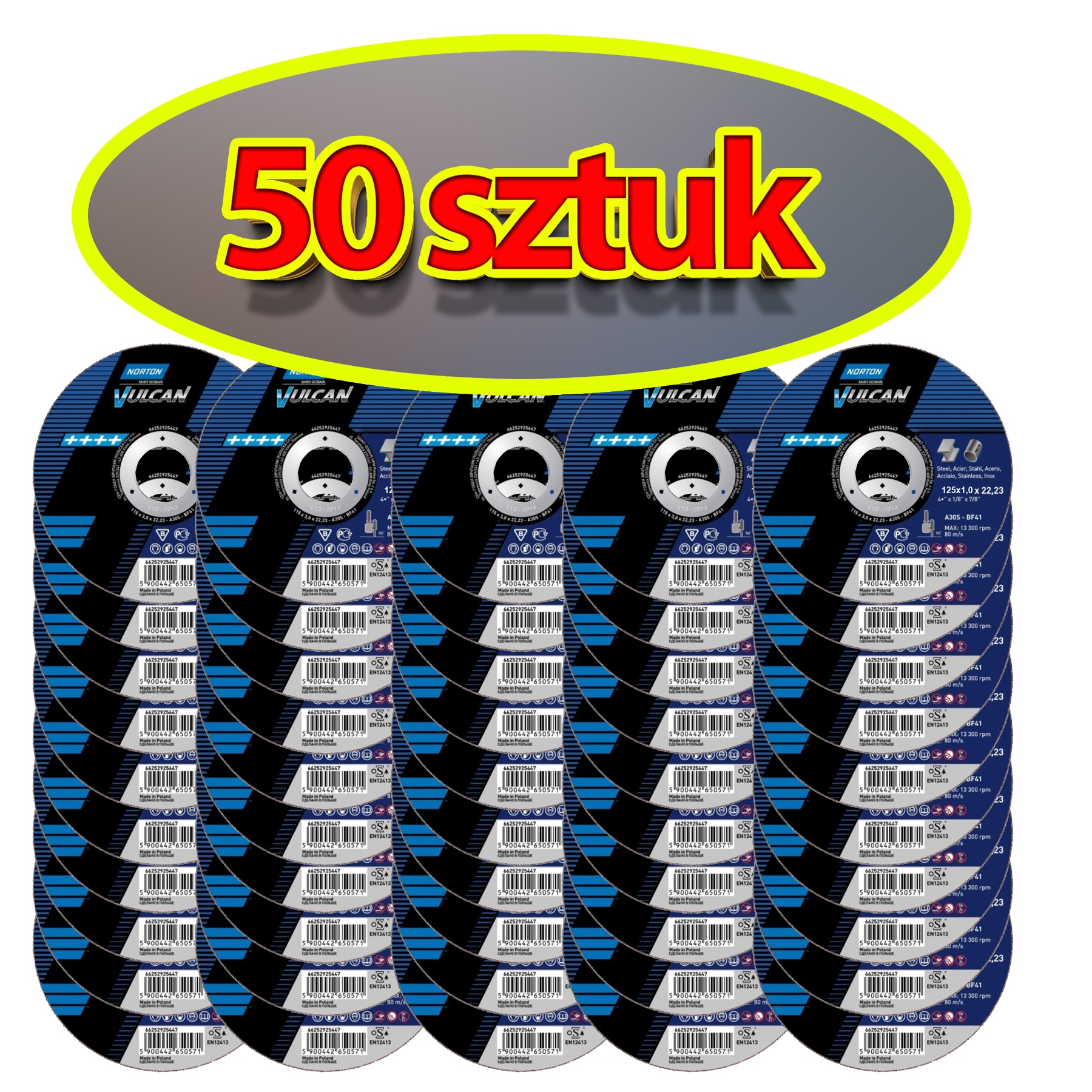 

Zestaw 50 szt. Norton Vulcan 125x1,0x22,23 Tarcze