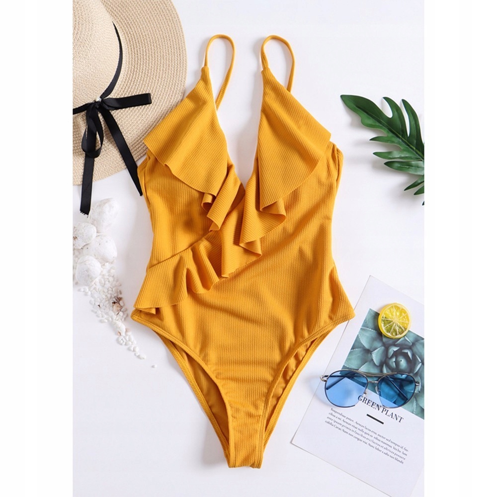 JEDNOCZĘŚCIOWY STRÓJ KĄPIELOWY ODKRYTE PLECY KOSTIUM DEKOLT FALBANKA L Wzór dominujący bez wzoru