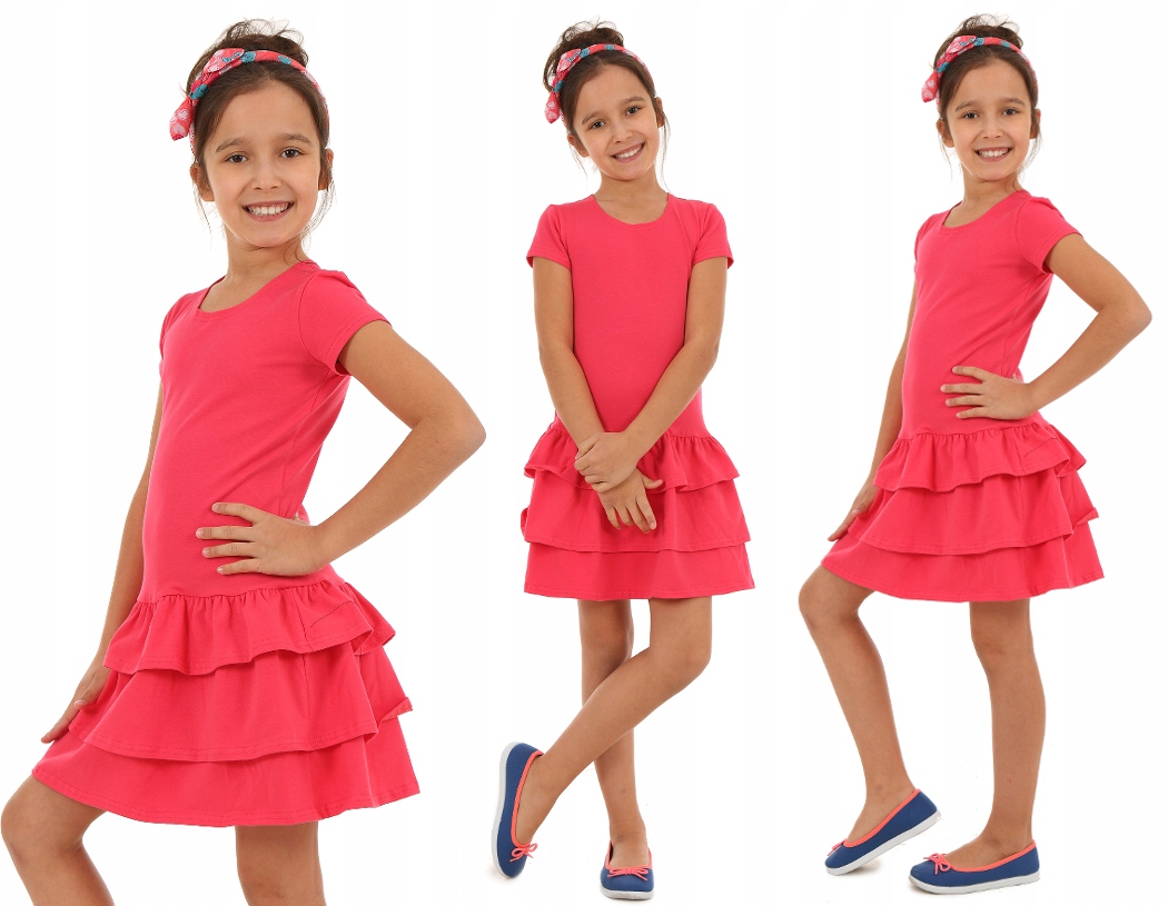 KOLOROWA sukienka z trzema falbanami - 122 KORAL