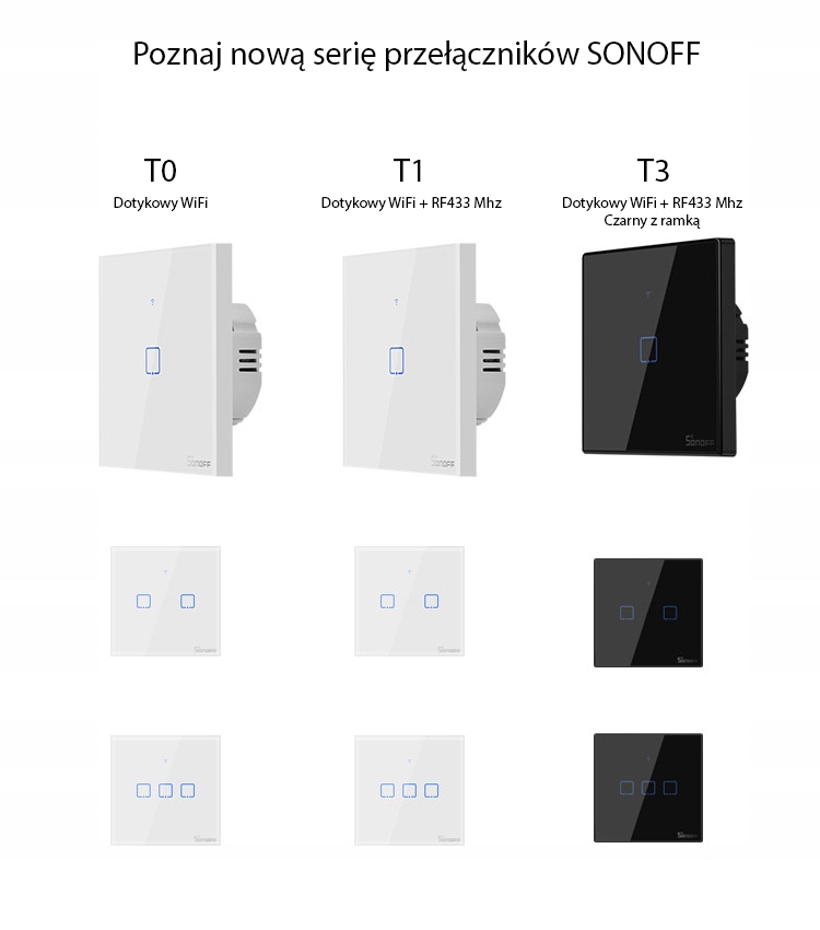 SONOFF T3 3C WŁĄCZNIK WIFI+RF433 NOWY MODEL CZARNY Seria TX