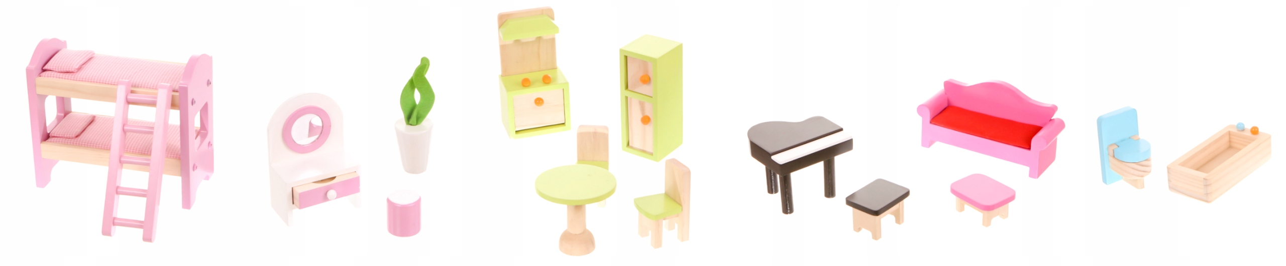 DREWNIANY DOMEK DLA LALEK Z MEBLAMI +LALKI ECOTOYS Efekty brak