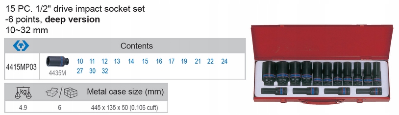 Ударные колпачки длинные 1/2 10-32 мм 6 угол King TONY