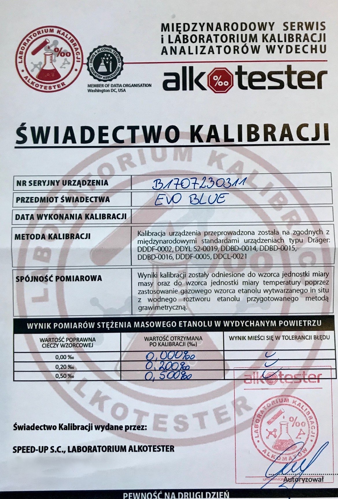 ALKOMAT ELEKTROCHEMICZNY EVO KALIBRACJA USTNIKI Calibration yes