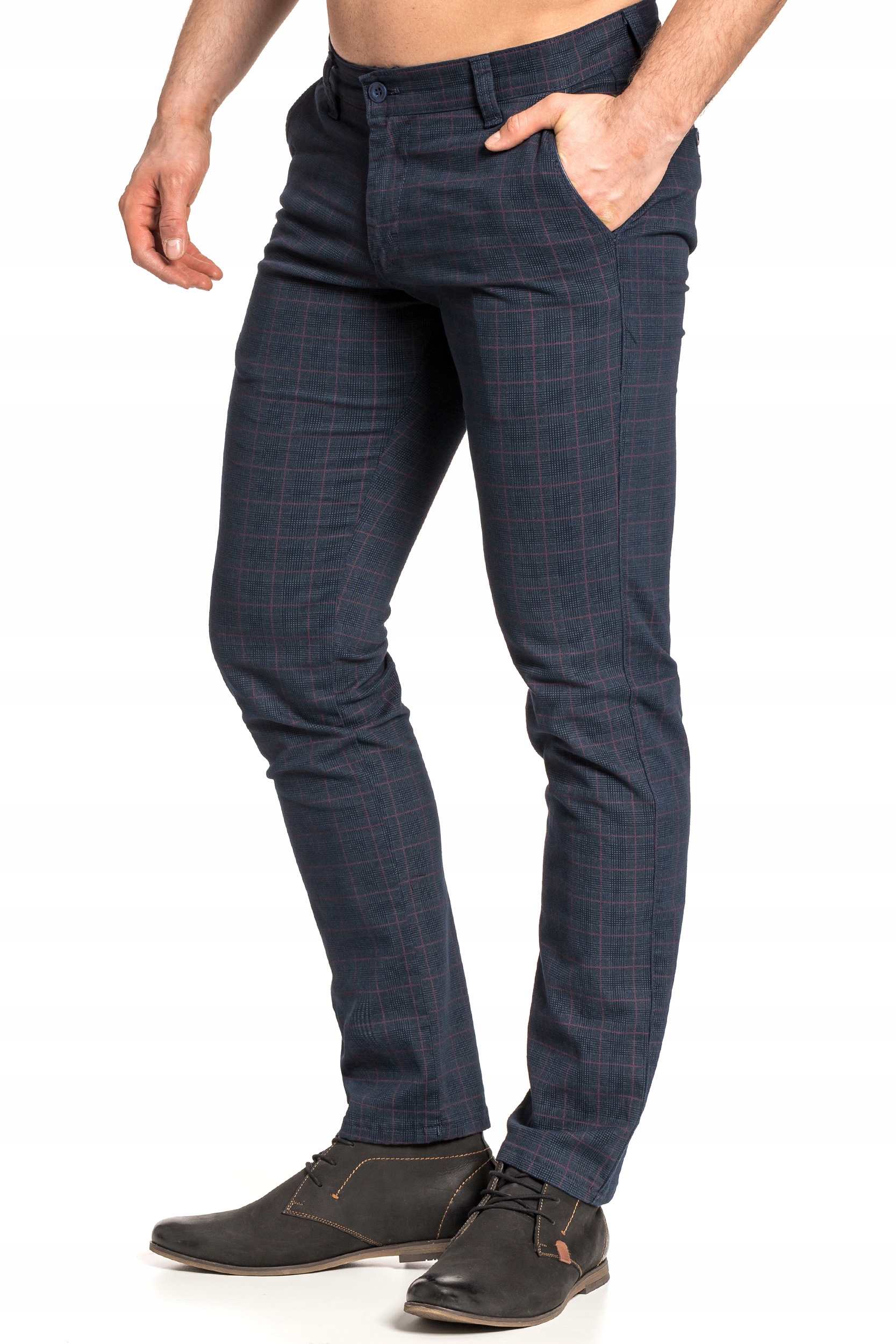 SPODNIE MĘSKIE W KRATĘ VANKEL JEANS 059 -96cm/L32 Zapięcie zamek