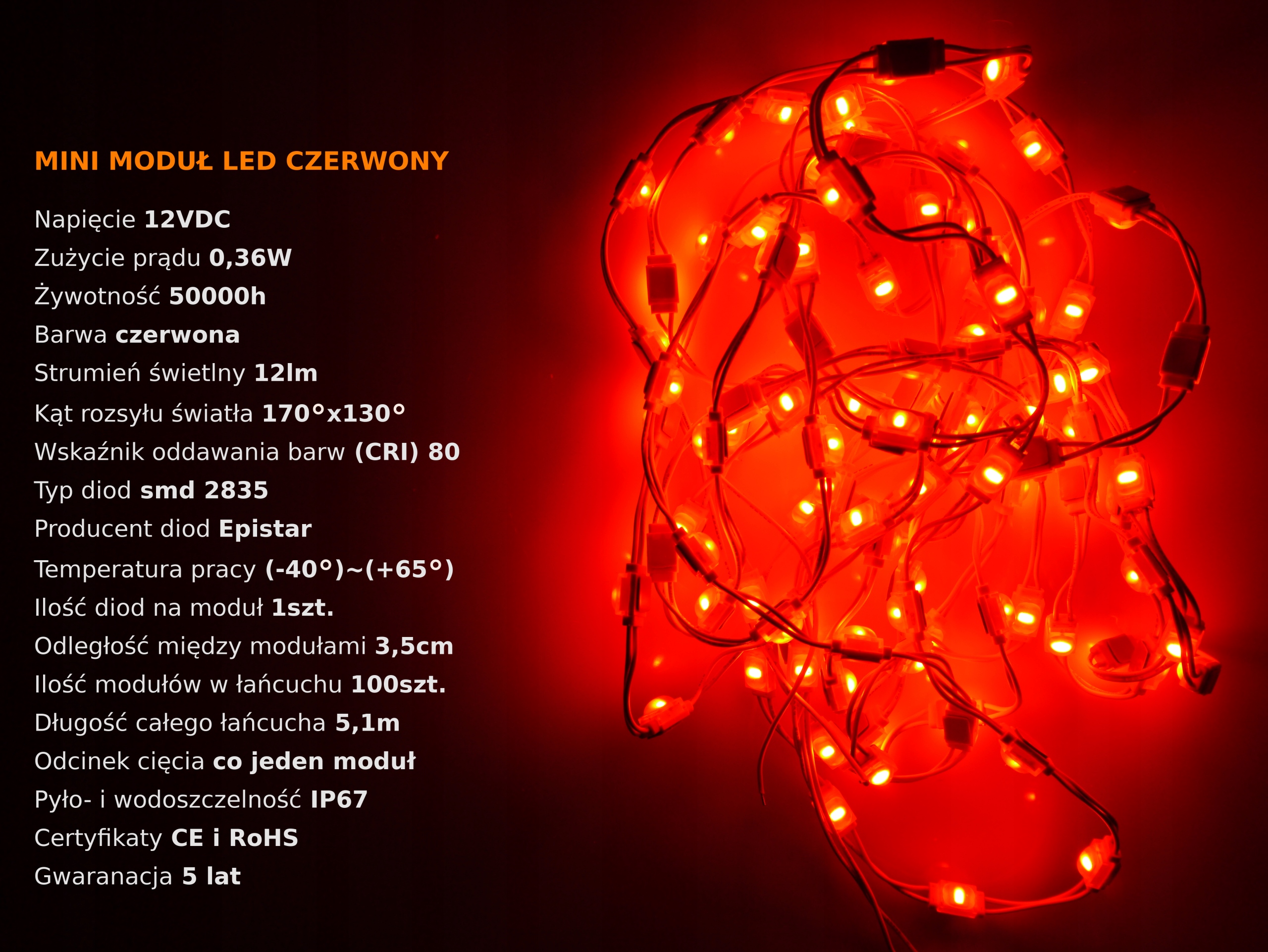 BARDZO JASNY MINI MODUŁ LED CZERWONY 0,36W 12V DC Marka inna
