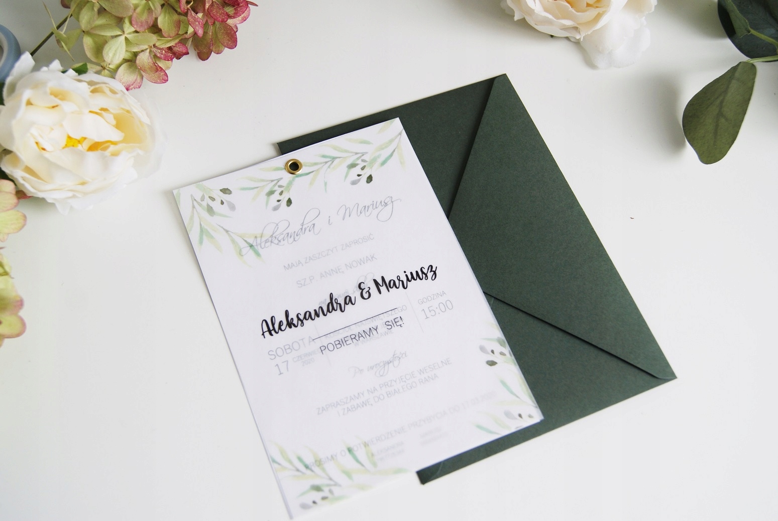 zaproszenie ślubne kalka roślinne nity zaproszenia Zdobienie sznurek