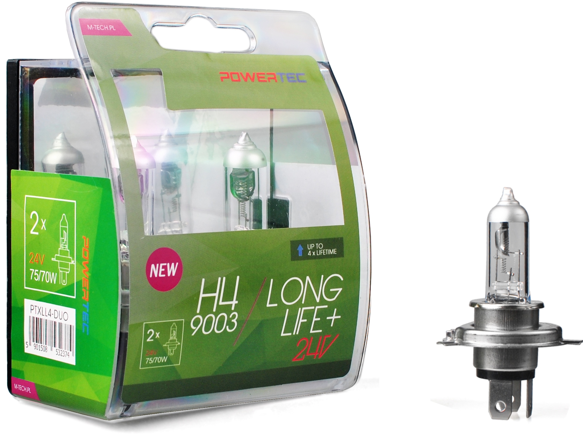 

Żarówka M-tech 24V 75/70W H4 Powertec Long Life 2x