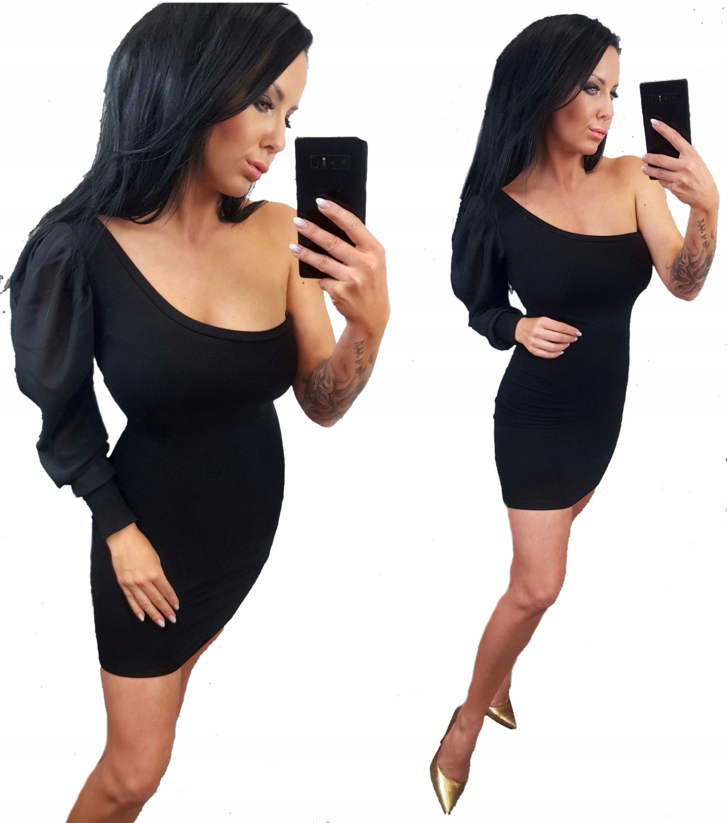 Elegantní malé černé sexy nadýchané šaty s 1 nafouklým rukávem, velikost S 36
