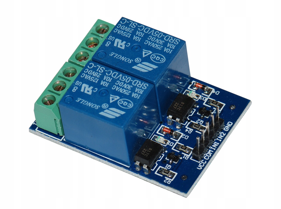 

Moduł 2 przekaźników 5V 10A z separacją, 3xLED (-)