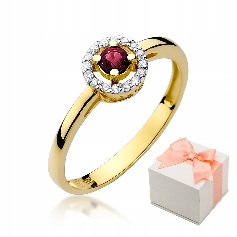 

Pierścionek Złoty Rubin Diamenty Grawer Próba 585