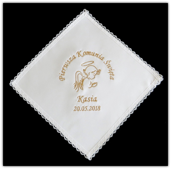 Biała PAMIĄTKOWA CHUSTA do I KOMUNII ŚWIĘTEJ haft Marka Szydełkowa Kraina