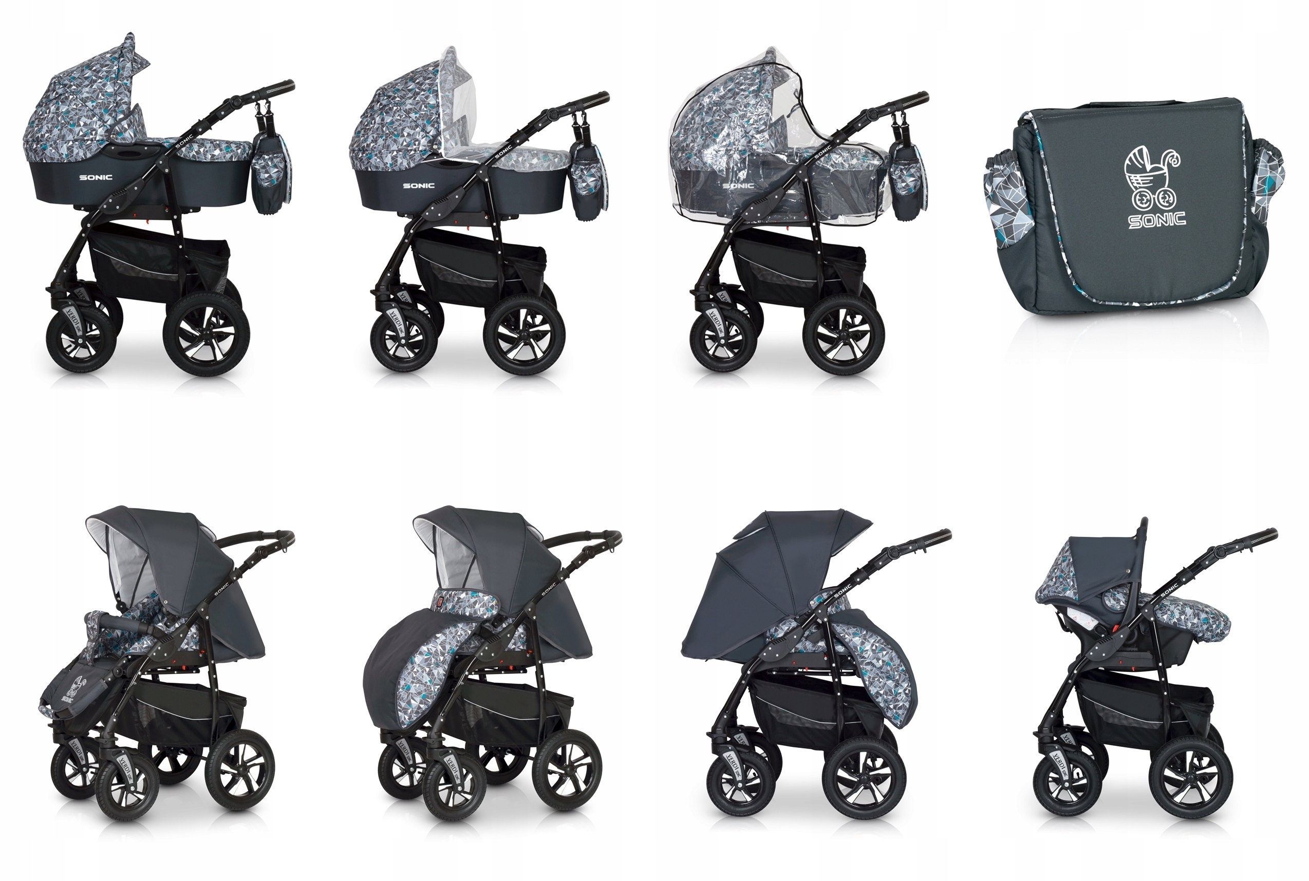 WÓZEK DZIECIĘCY VERDI SONIC 3W1+ TORBA + AKCESORIA Zestaw 3w1