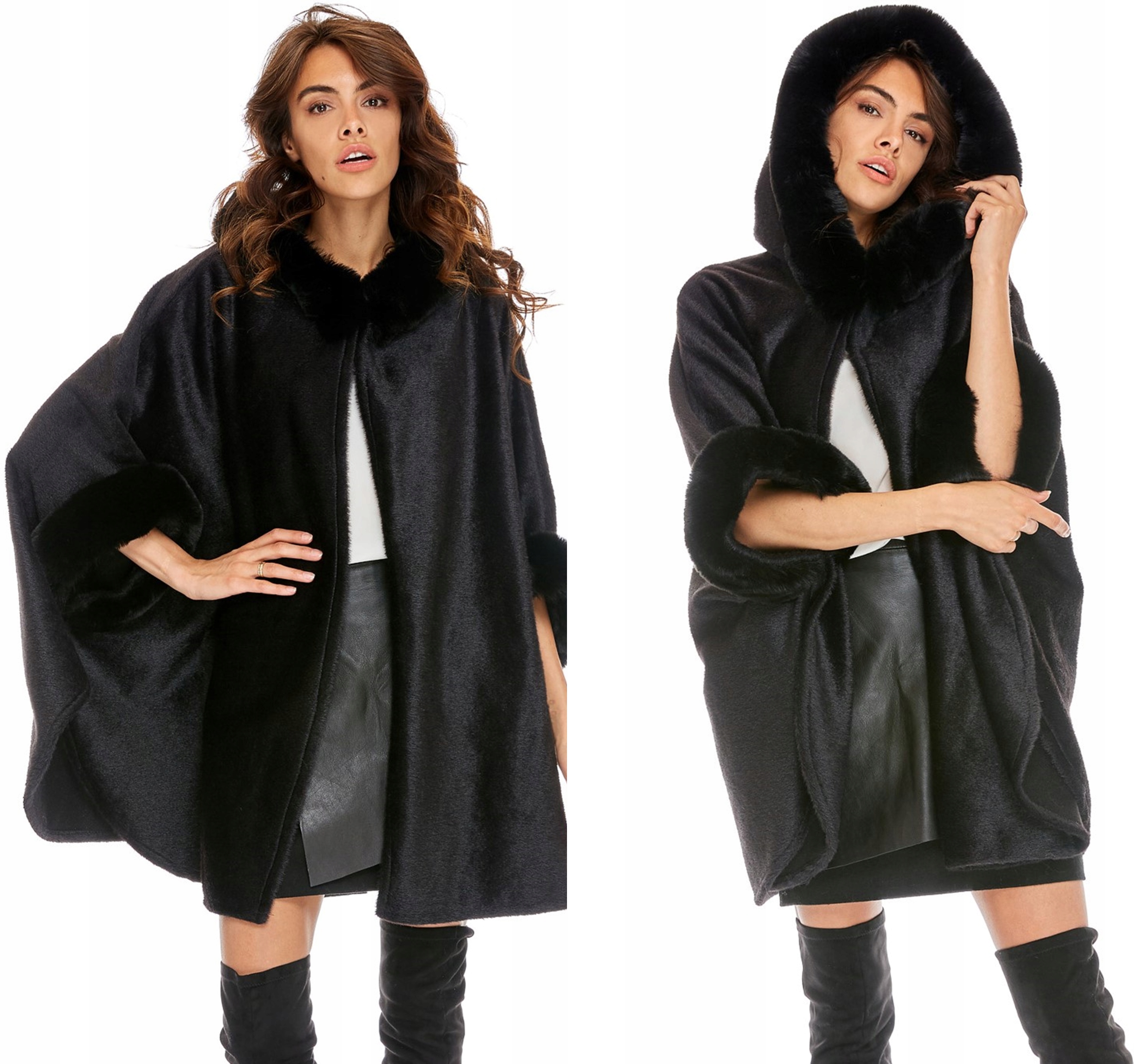 

Czarne długie Poncho Ponczo futro alpaka kaptur