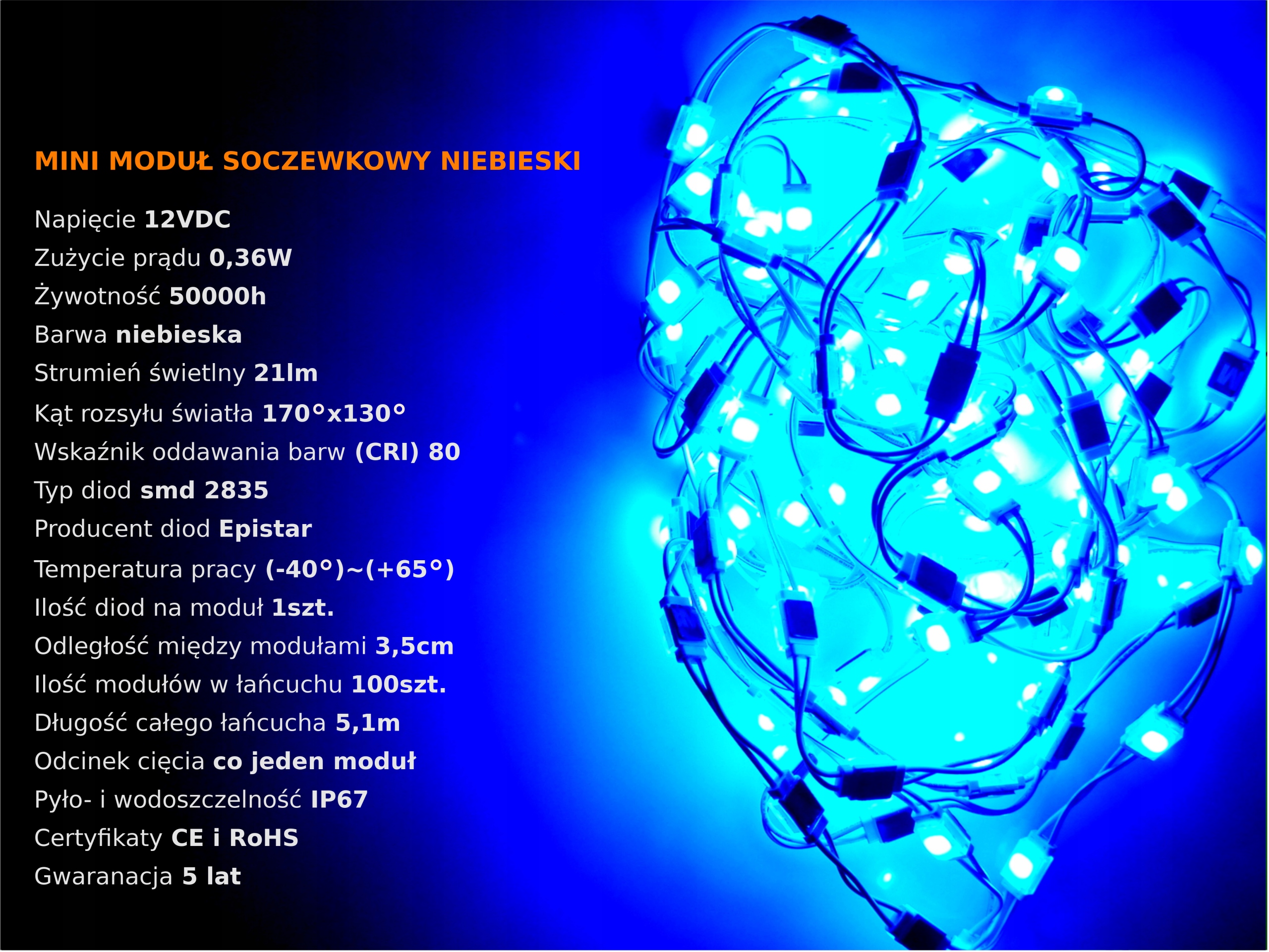 MINI moduł LED soczewkowy NIEBIESKI hermetyczny IP67 0,36W 12V DC Barwa światła niebieski