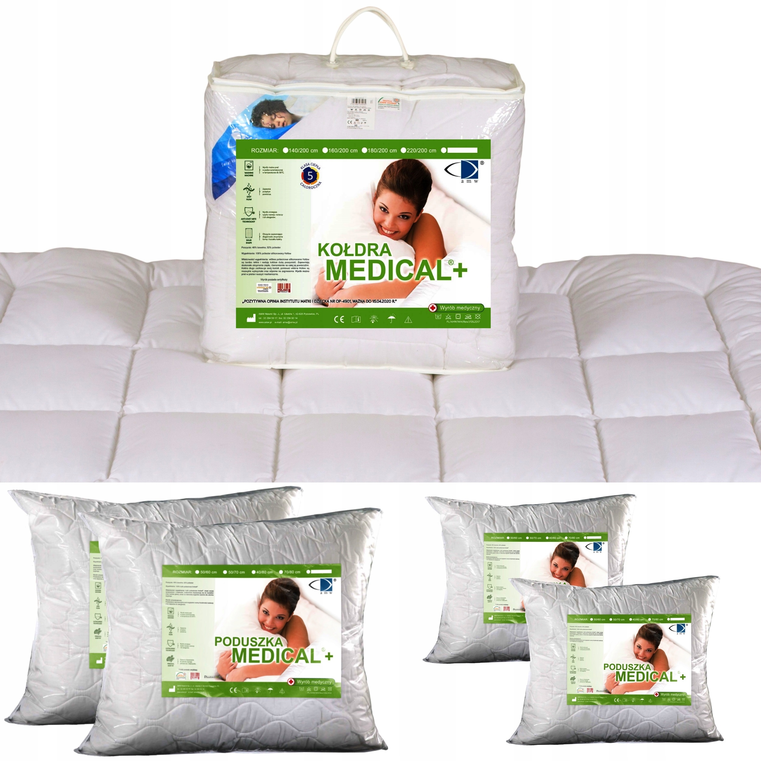 POLSKA KOŁDRA MEDICAL 200X200 + 4PODUSZKI AMW 95*C