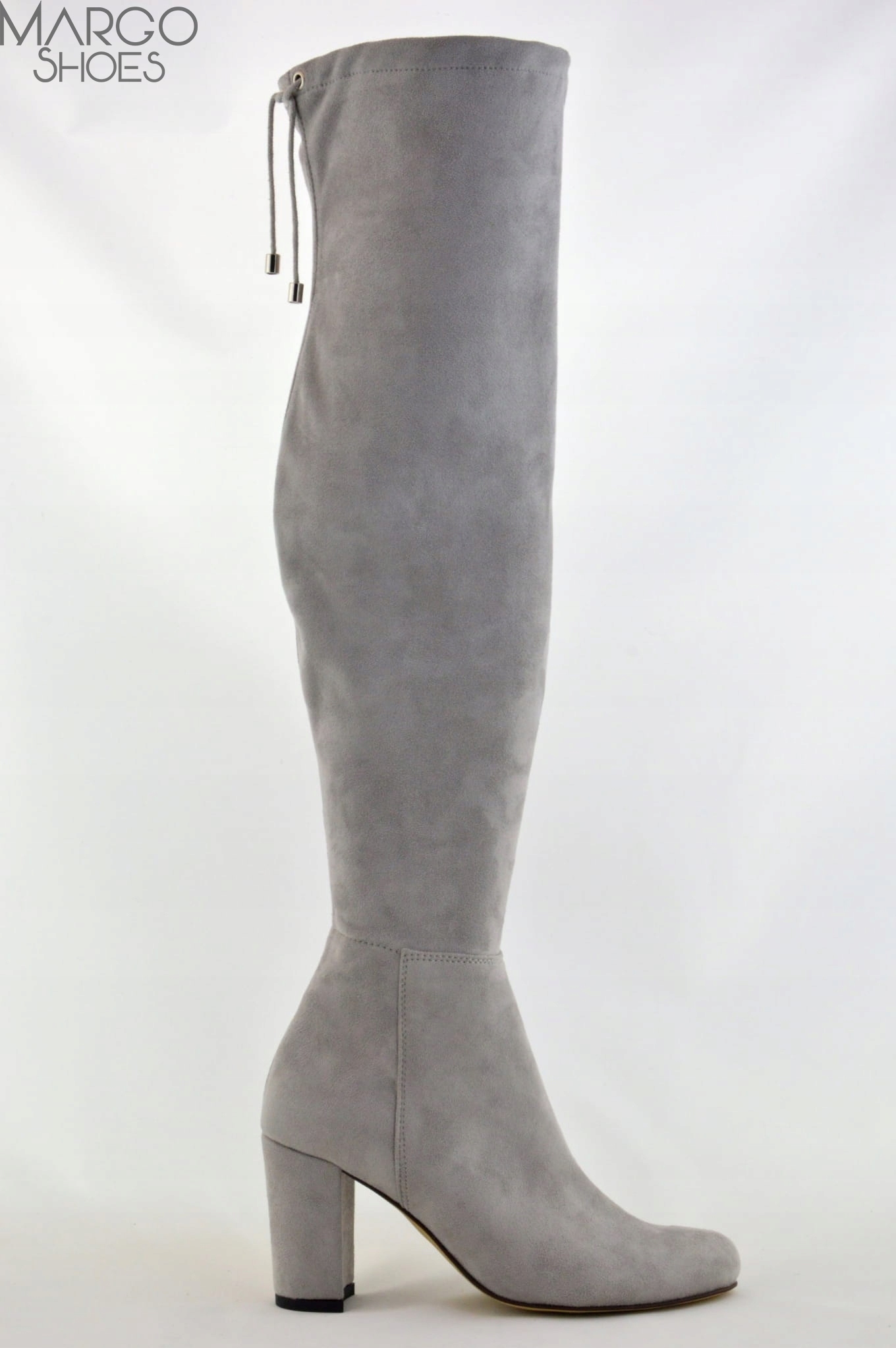 Šedé strečové kozačky s kolenem, dámské mušketýrky na podpatku Gopol 35