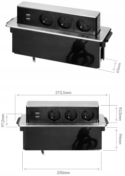

Gniazdo Wpuszczane Blat Inox 3x230V + 2xUSB Ładne