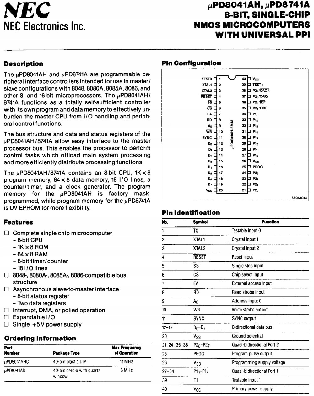 8041 D8041AC uPD8041AC mikrokontroler 8-bit DIP40 Kod producenta D8041AC02NE