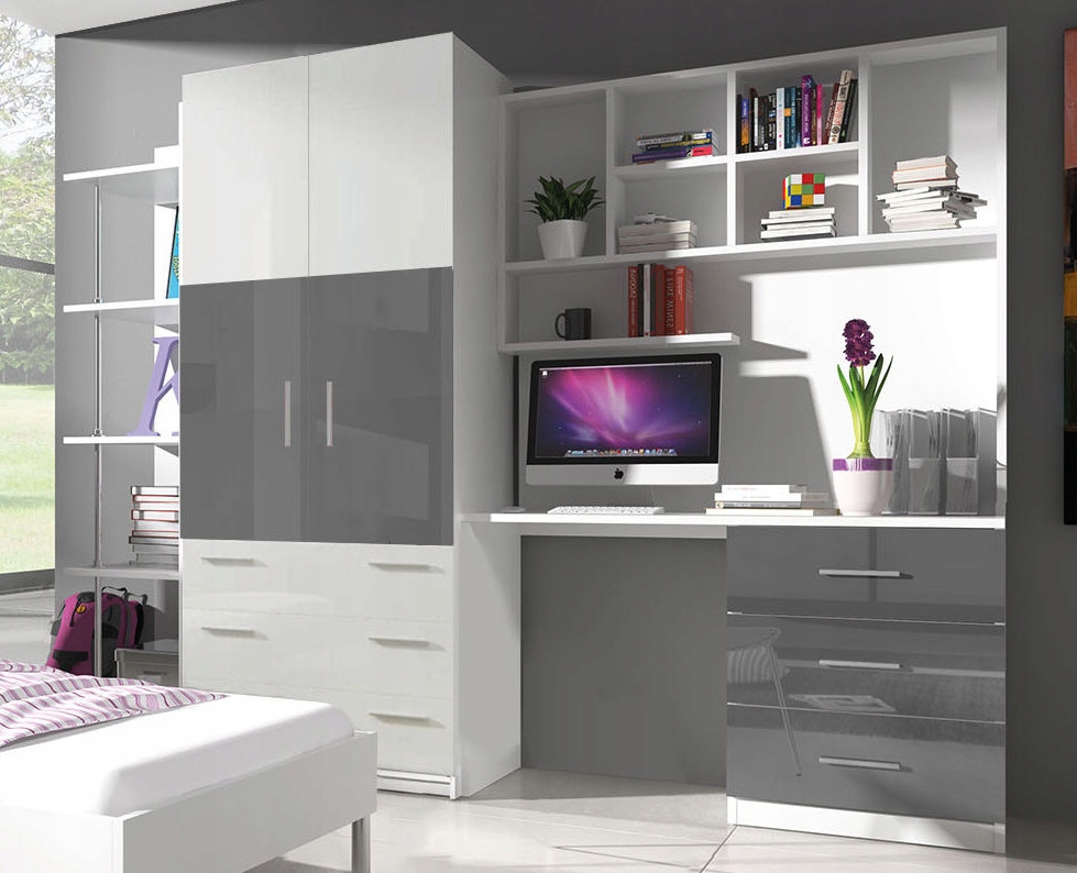 meble młodzieżowe RAJ 3a mini z biurkiem z nadstawką - szary połysk