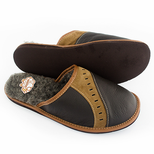 KAPCIE MĘSKIE OCIEPLANE WEŁNA LACZKI SKÓRZANE Rozmiar 41