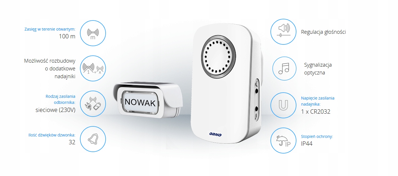 DZWONEK BEZPRZEWODOWY 100M 230V PRZYCISK DASZEK Marka Orno