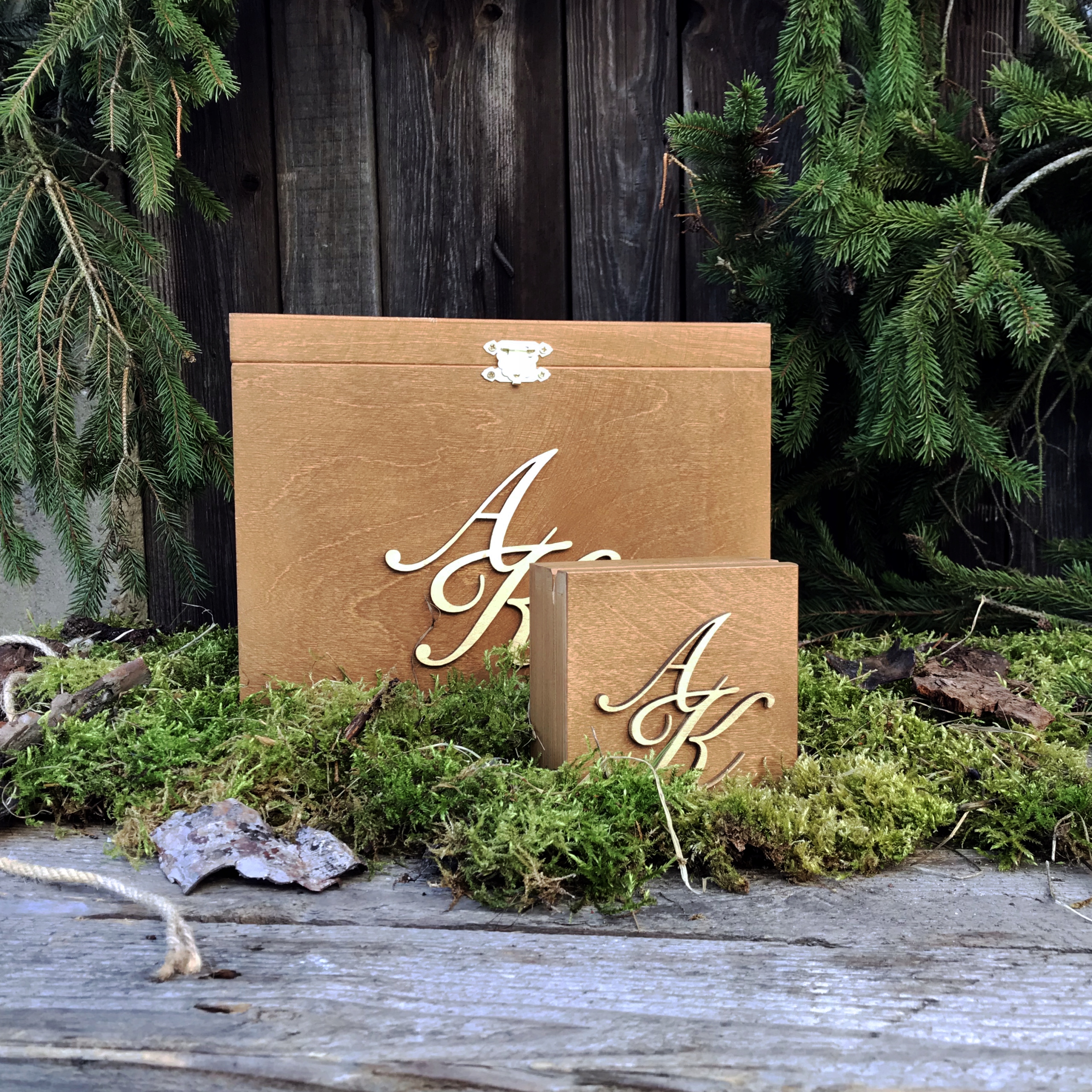 Duże Rustykalne Pudełko na KOPERTY + OBRĄCZKI mech Kolor dominujący beże i brązy