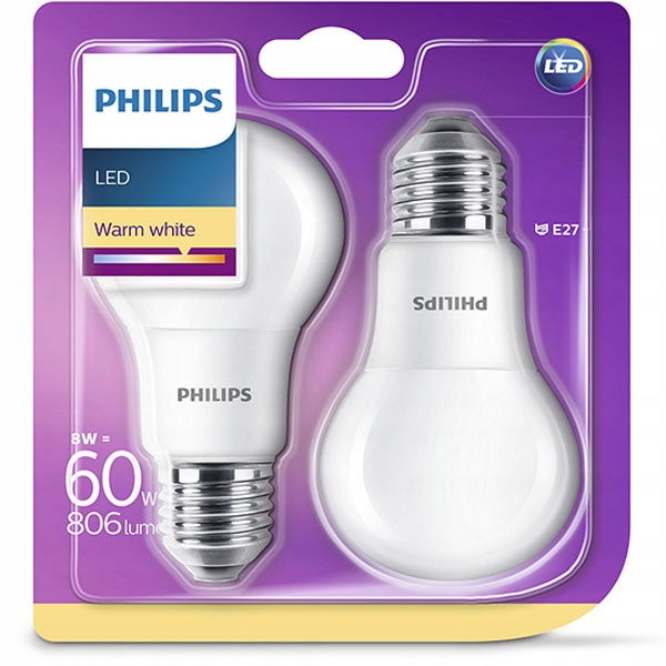 

2 x Żarówka Led E27 8W=60W 806lm Philips 2700K
