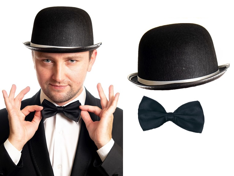 ZESTAW Melonik Czarny Z Białym Pasem + Muszka 20'