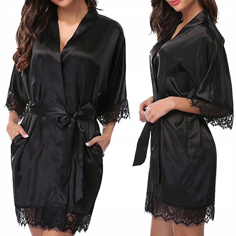 SZLAFROK DAMSKI Z KORONKĄ SATYNOWY PODOMKA STRINGI Rękaw długi rękaw