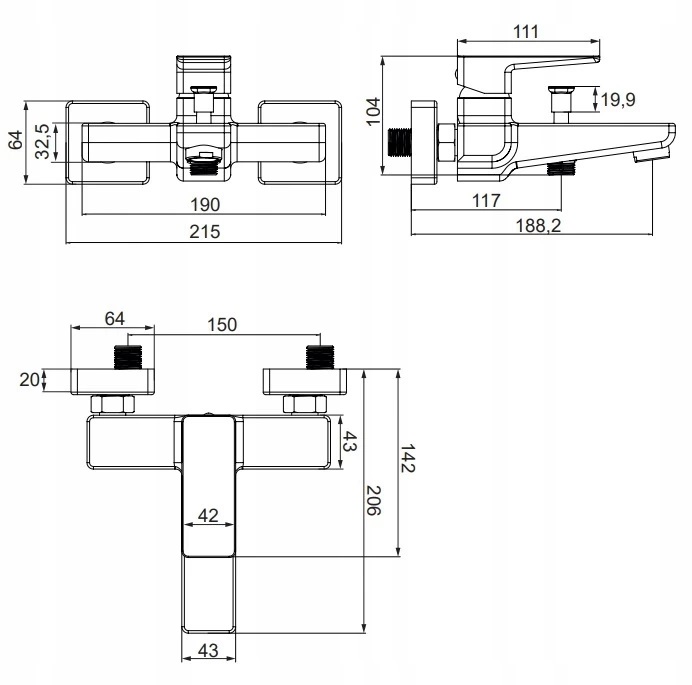 OMNIRES PARMA BATERIA WANNOWA + NATRYSK CUBIC Typ montażu ścienna