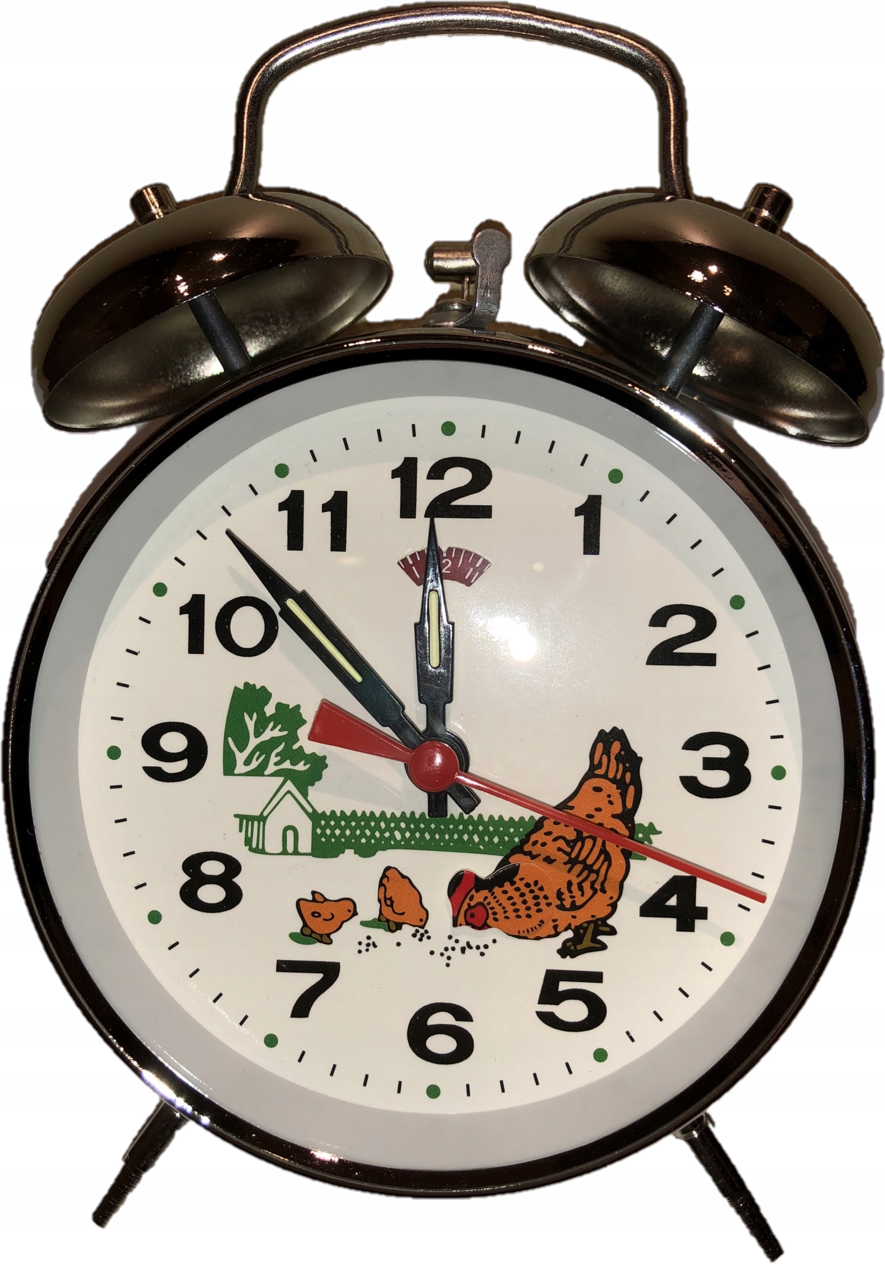 Budzik nakręcany z ruchomą dziobiącą kurą