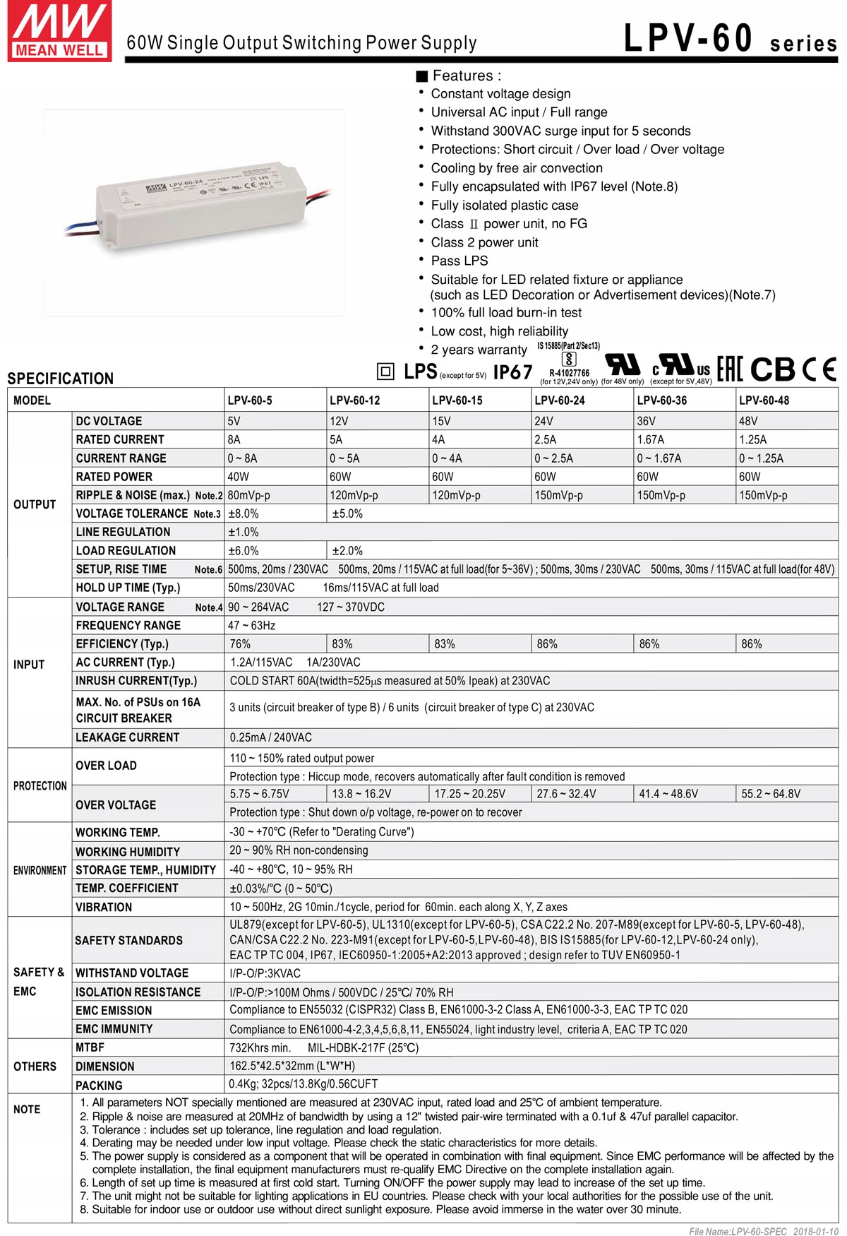 Zasilacz Mean Well LPV-60-12 IP67 |60W|12V| 5A EAN (GTIN) 4021087006873