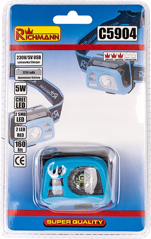 LATARKA NA GŁOWĘ LED 5W + 2SMD LED + 2LED CZERWONY Marka RICHMANN