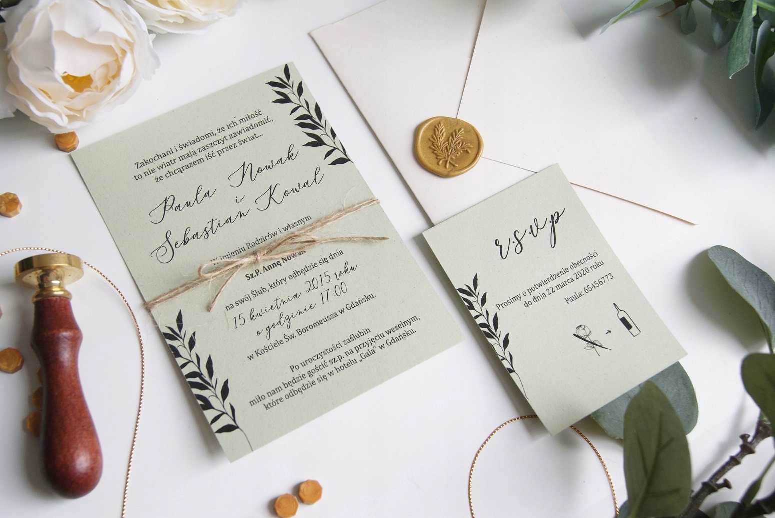 ZAPROSZENIA Ślubne rustykalne listki boho ślubne Kolor dominujący wielokolorowy