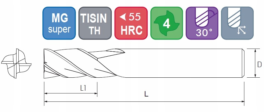 FREZ WĘGLIKOWY VHM 4 PIÓRA FI 4 MM 55HRC TiN+Si Twardość (HRC) 45