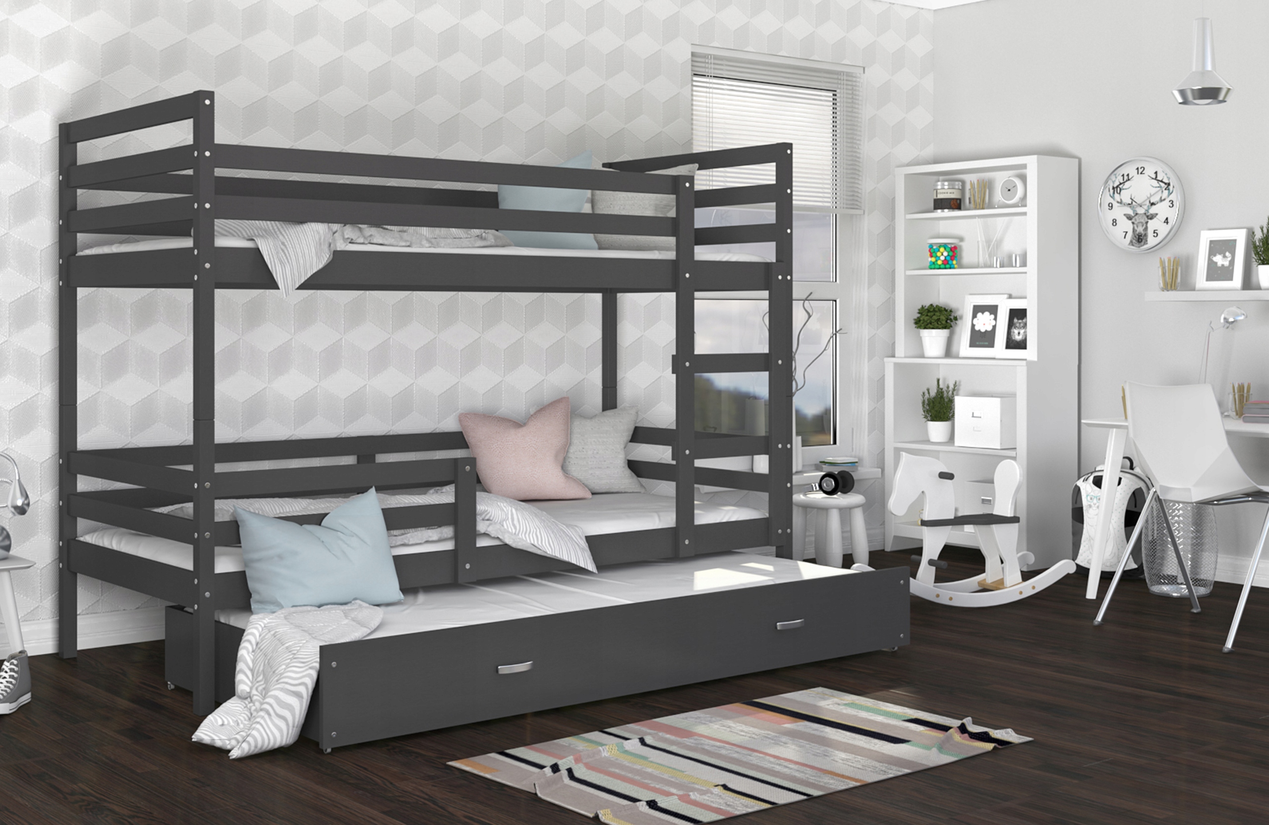 DREWNIANE Łóżko piętrowe DWUPIĘTROWE DZIECIĘCE Z SZUFLADĄ 80x190 + MATERAC Stan opakowania oryginalne