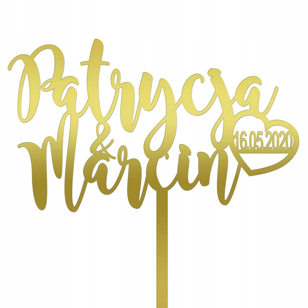 

Topper Na Tort Weselny Napis Młoda Para Data Złoty