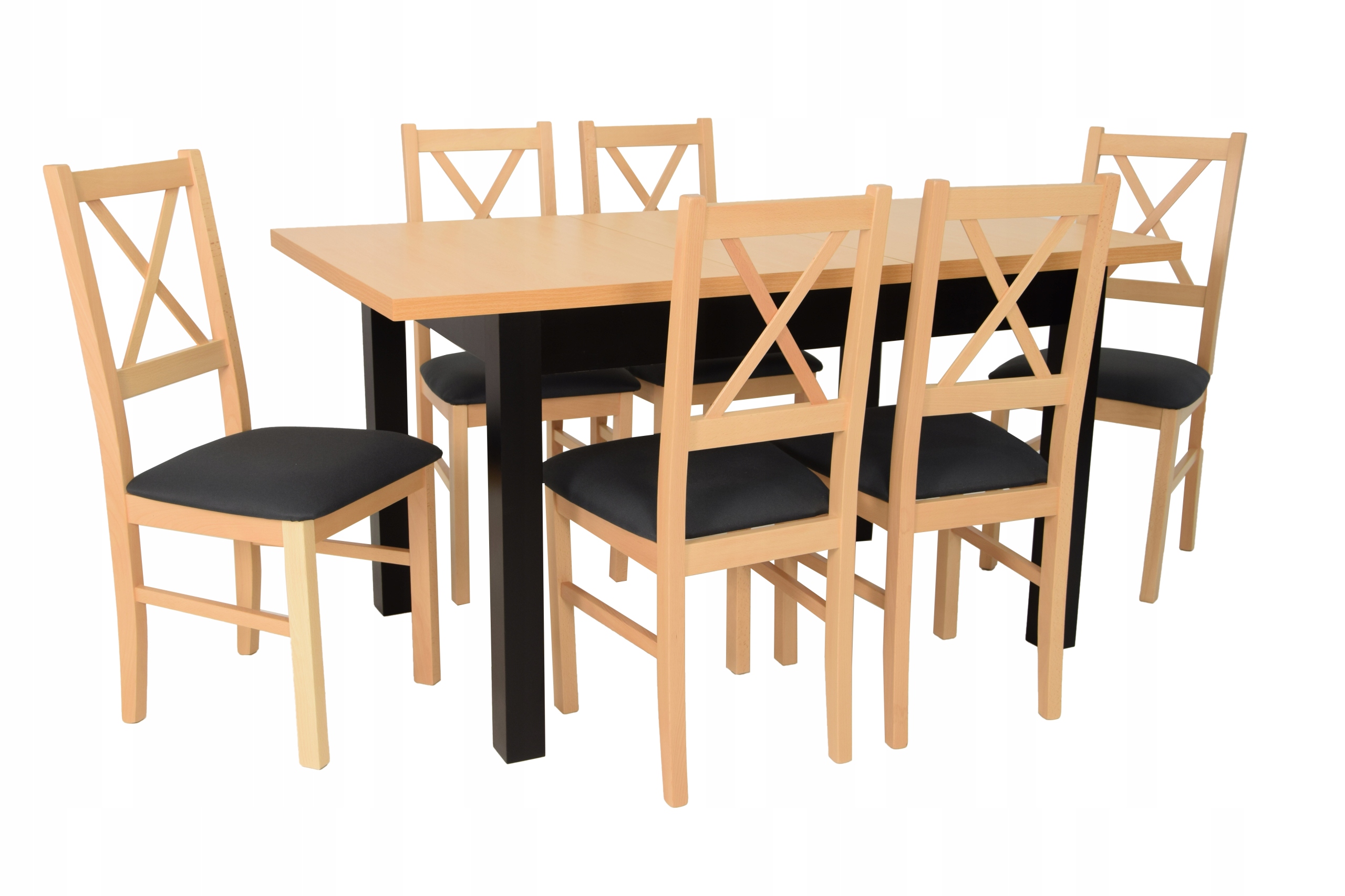 

Czarny stół blat buk jasny 80x120x150 cm 6 krzeseł