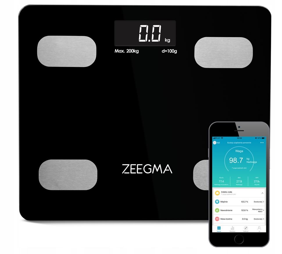 WAGA ŁAZIENKOWA ZEEGMA 17 w 1 SZKLANA ANALITYCZNA APLIKACJA ANDROID iOS BT
