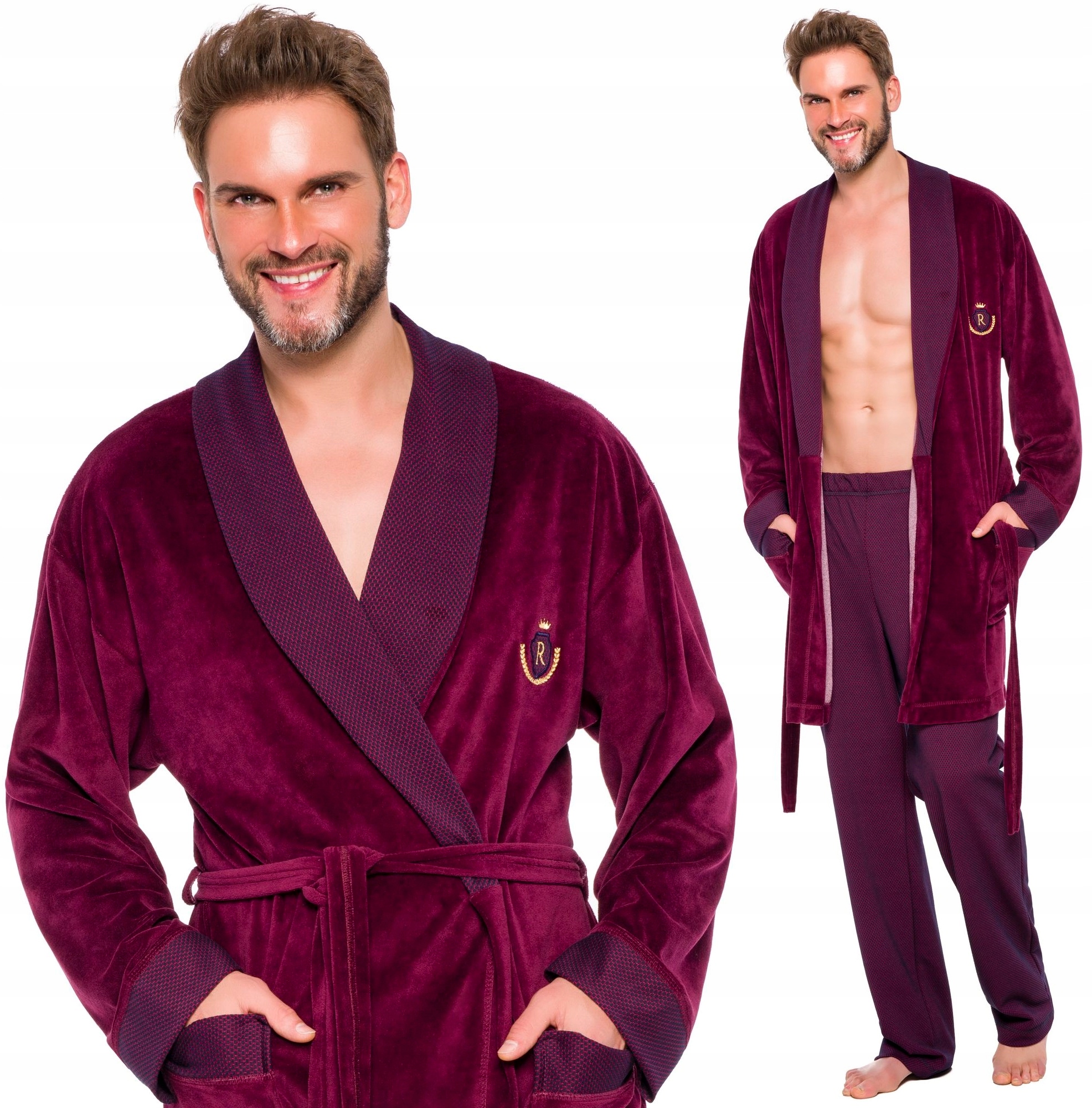 SZLAFROK MĘSKI BONŻURKA WELUR ATŁAS KOŁNIERZ XXL